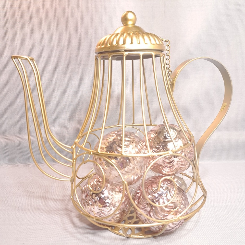 Gold Metal Wire Teapot Basket Decorative Candle Potpourri Holder 11"